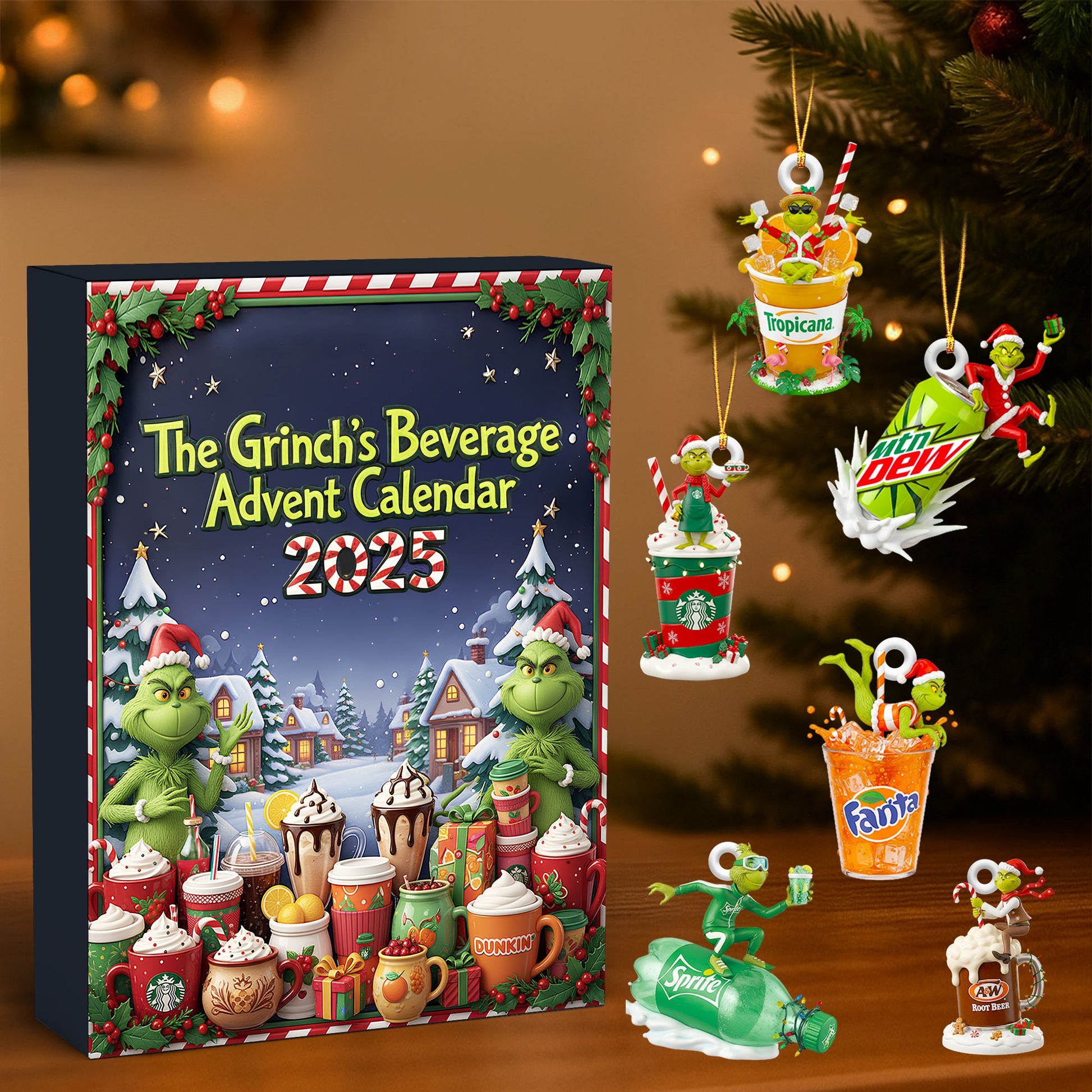 Grinch Beverage Advent Calendar 2025, Holiday Drink Ornament Set, Cute Christmas Countdown Box, Cocoa & Soda Theme Gifts