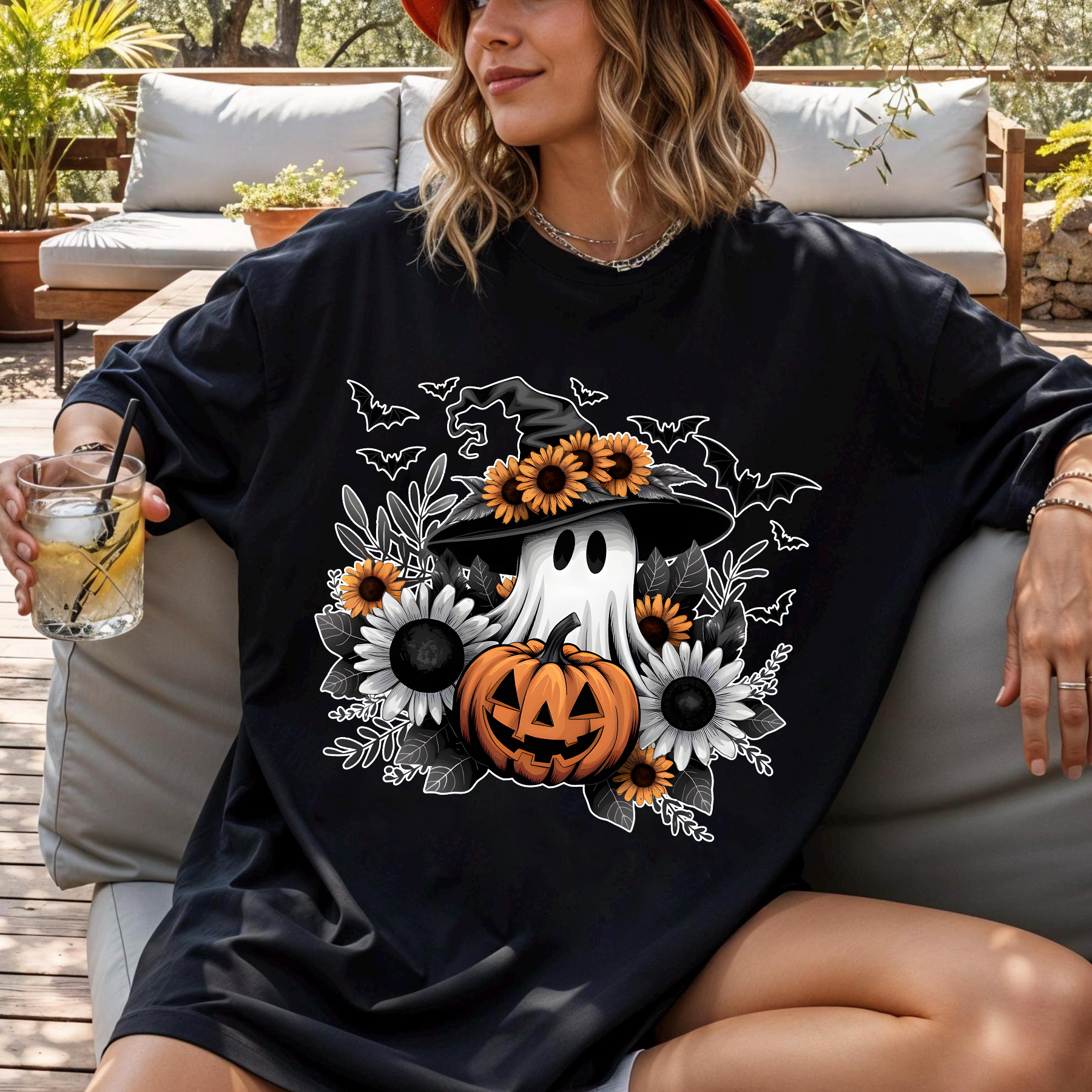 Halloween Ghost T - Shirts, Witch Hat Ghost with Pumpkin and Sunflowers, Cute Halloween Sublimation Design, Fall Autumn T-shirt, Halloween Clipart