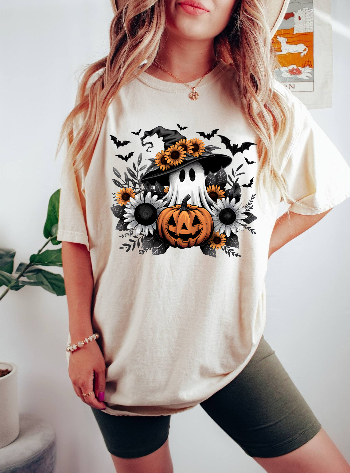 Halloween Ghost T - Shirts, Witch Hat Ghost with Pumpkin and Sunflowers, Cute Halloween Sublimation Design, Fall Autumn T-shirt, Halloween Clipart