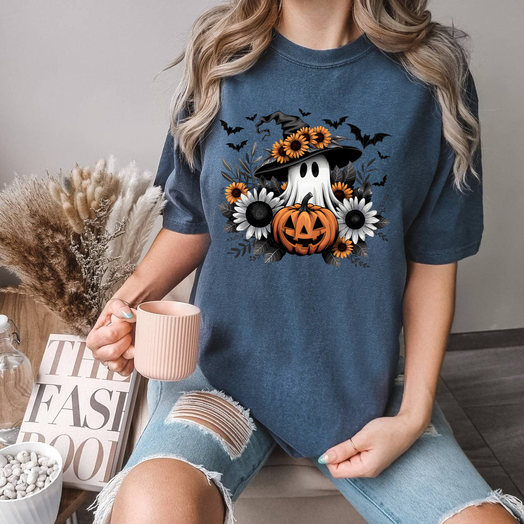 Halloween Ghost T - Shirts, Witch Hat Ghost with Pumpkin and Sunflowers, Cute Halloween Sublimation Design, Fall Autumn T-shirt, Halloween Clipart