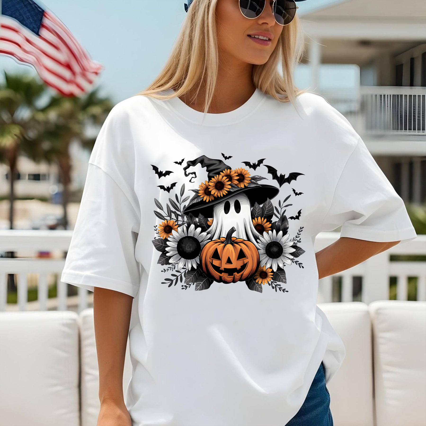 Halloween Ghost T - Shirts, Witch Hat Ghost with Pumpkin and Sunflowers, Cute Halloween Sublimation Design, Fall Autumn T-shirt, Halloween Clipart