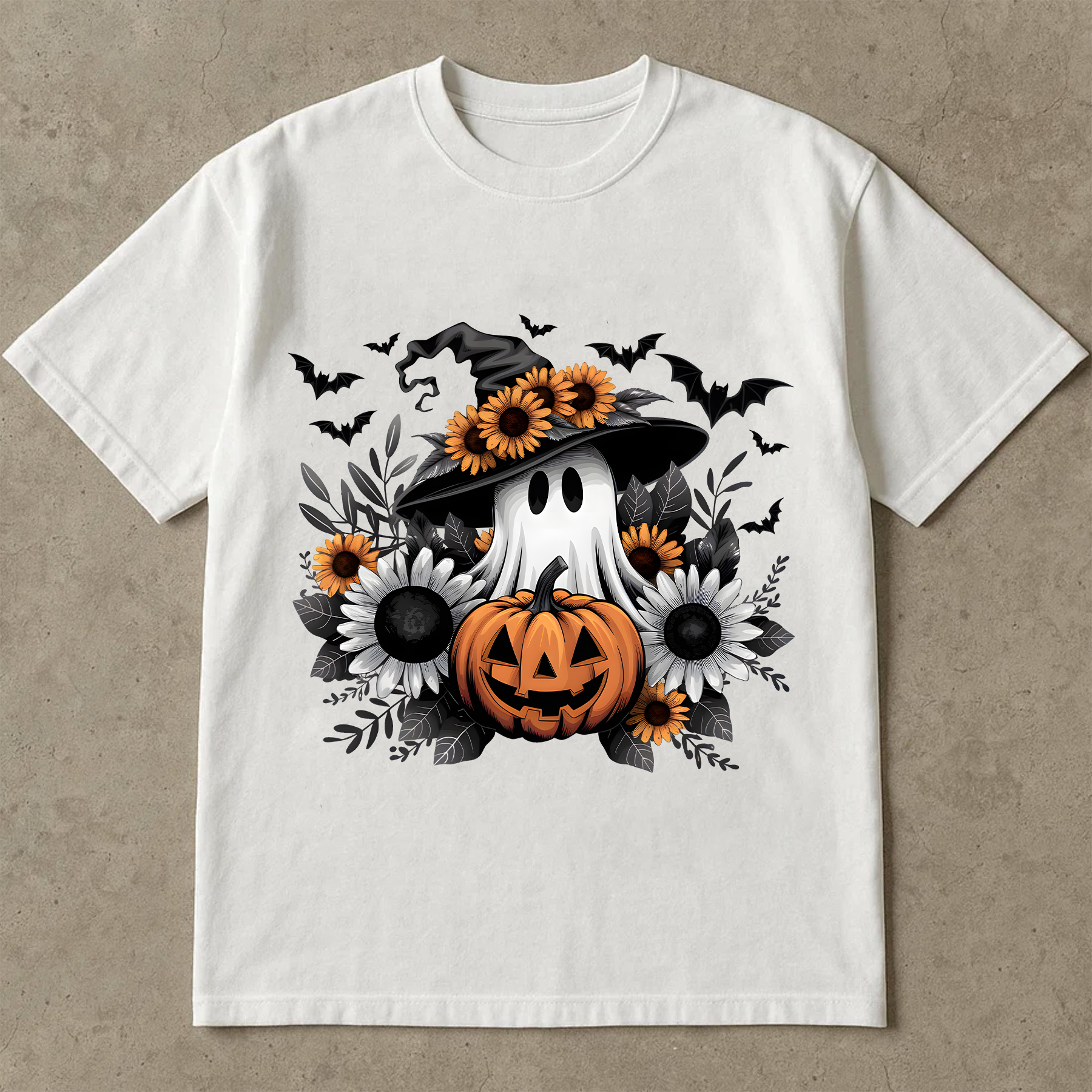 Halloween Ghost T - Shirts, Witch Hat Ghost with Pumpkin and Sunflowers, Cute Halloween Sublimation Design, Fall Autumn T-shirt, Halloween Clipart