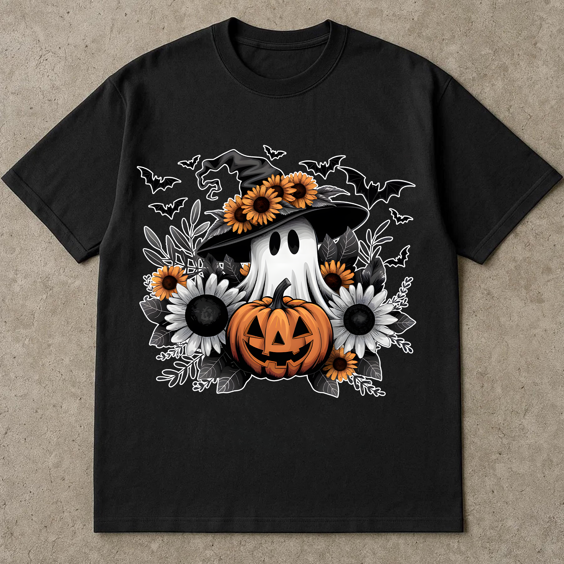 Halloween Ghost T - Shirts, Witch Hat Ghost with Pumpkin and Sunflowers, Cute Halloween Sublimation Design, Fall Autumn T-shirt, Halloween Clipart