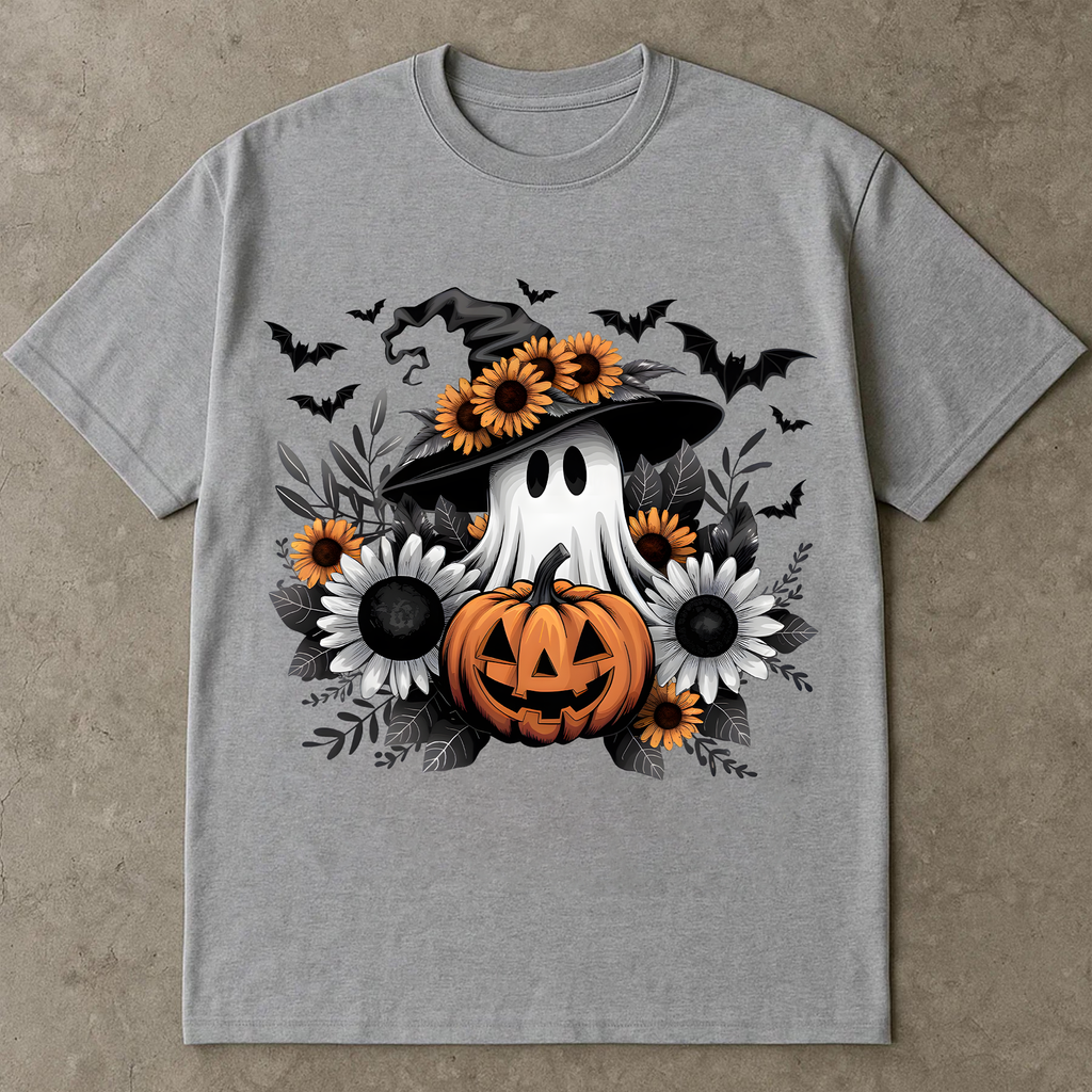 Halloween Ghost T - Shirts, Witch Hat Ghost with Pumpkin and Sunflowers, Cute Halloween Sublimation Design, Fall Autumn T-shirt, Halloween Clipart