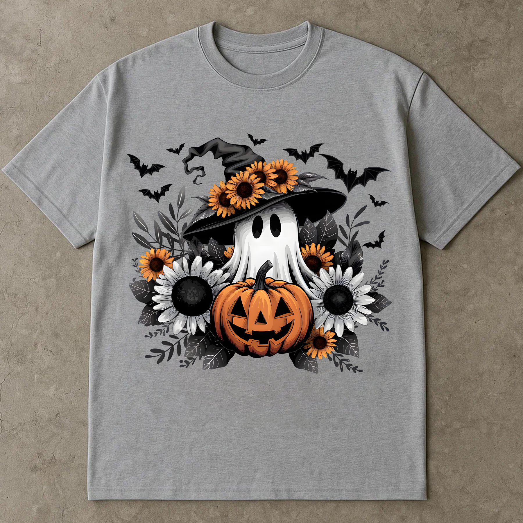 Halloween Ghost T - Shirts, Witch Hat Ghost with Pumpkin and Sunflowers, Cute Halloween Sublimation Design, Fall Autumn T-shirt, Halloween Clipart