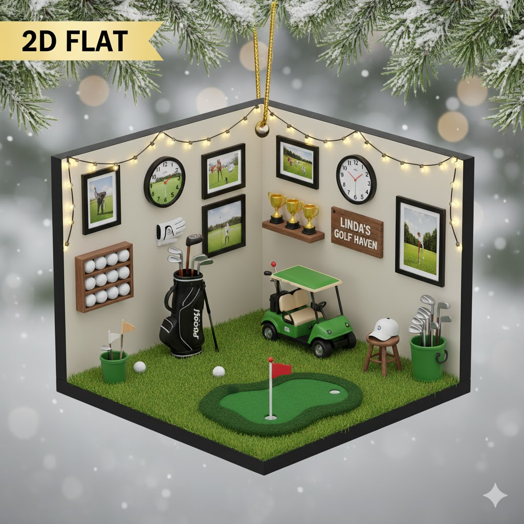 Personalized Golf Room Ornament, Custom Name Golfer Christmas Decoration, Flat 2D Golf Haven Gift for Golf Lovers