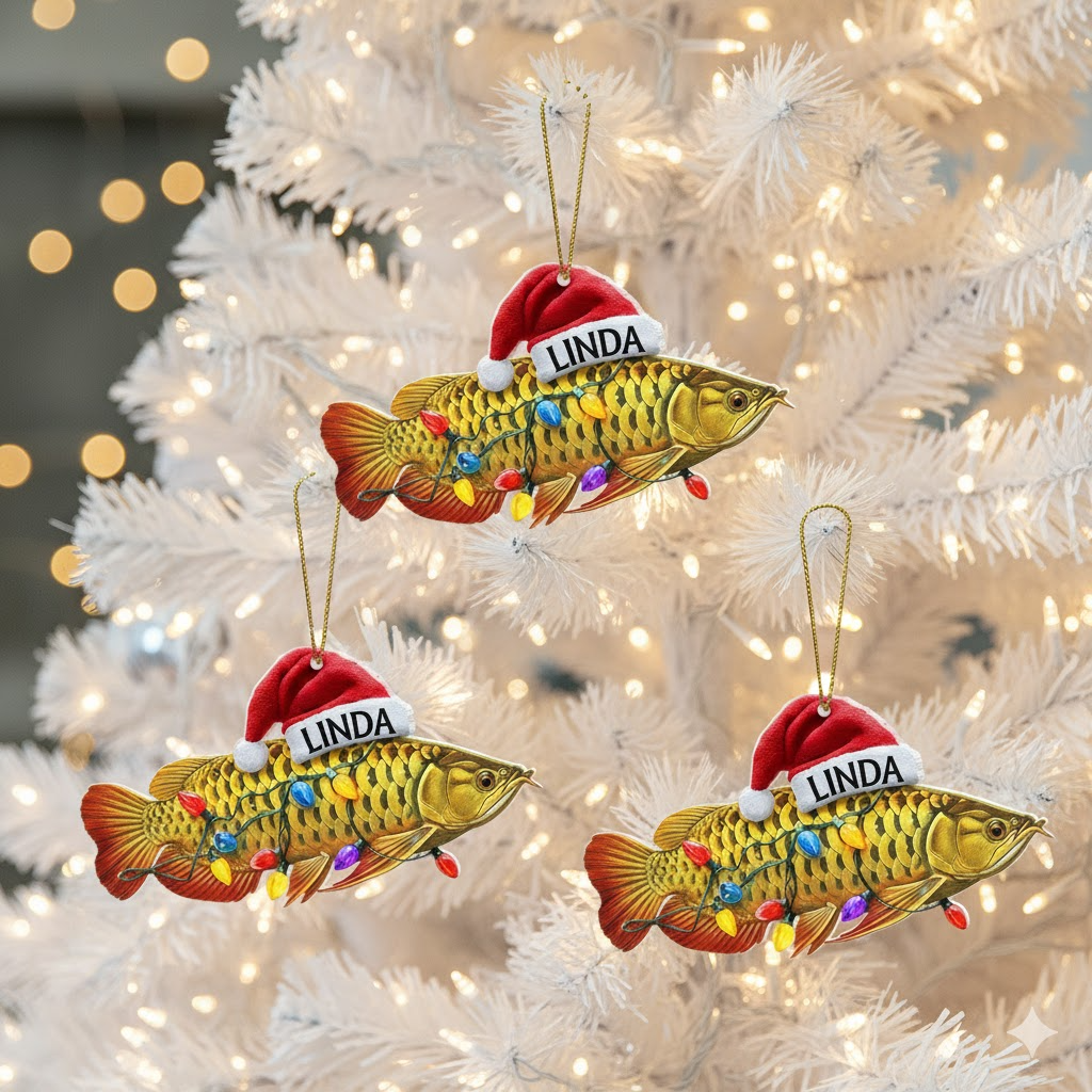 Custom Gold Arowana Ornament with Santa Hat, Personalized Fish Christmas Tree Decor, Gift for Fishermen and Aquarists