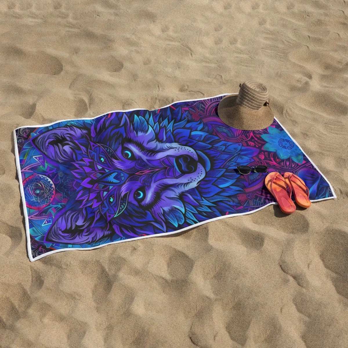 Wolf Mandala Beach Towel, Psychedelic Wolf Graphic Design, Spiritual Mandala Towel, Tribal Animal Beach Towel, Fantasy Festival Towel