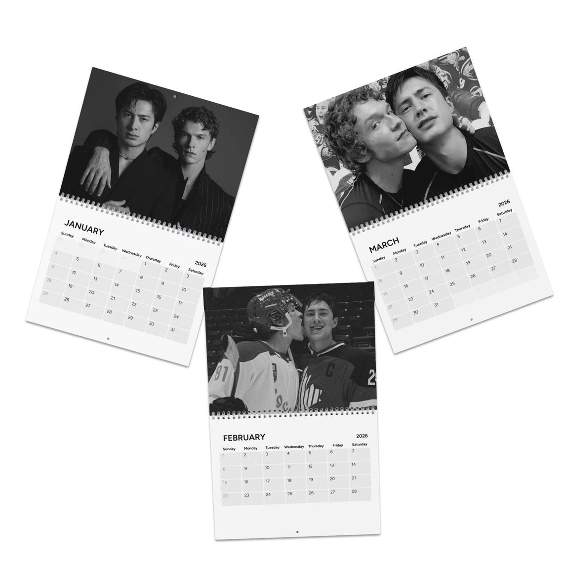 Black and White Heated Rivalry Hockey Calendar 2026 - Hollanov Wall Calendar - Romance Fan Decor