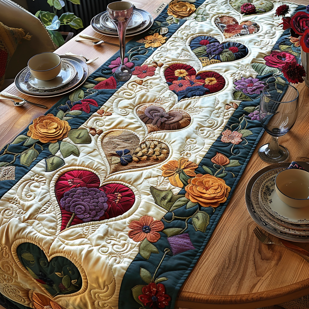 Blooming Hearts Quilted Table Runner BTO2001019, Valentine’s Day Table Runner with Heart Pattern