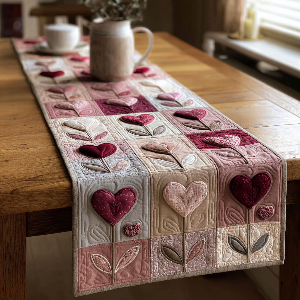 Blush Heart Quilted Table Runner BTO2001024, Valentine’s Day Table Runner with Heart Pattern