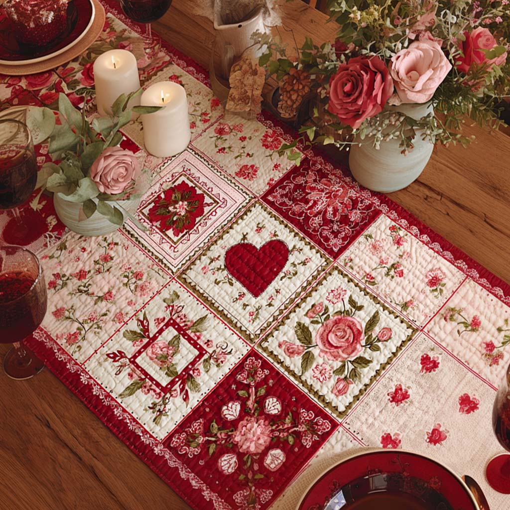 Blush Rose Cottage Quilted Table Runner BTO2001020, Valentine’s Day Table Runner with Heart Pattern