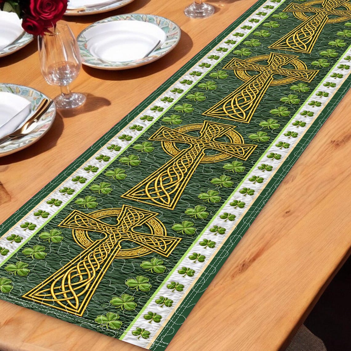 Celtic Cross Table Runner – Irish Shamrock St. Patrick’s Day Dining Table Decor