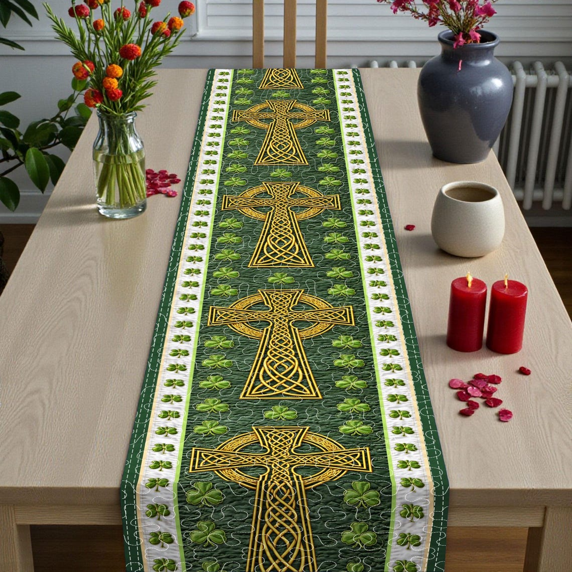 Celtic Cross Table Runner – Irish Shamrock St. Patrick’s Day Dining Table Decor
