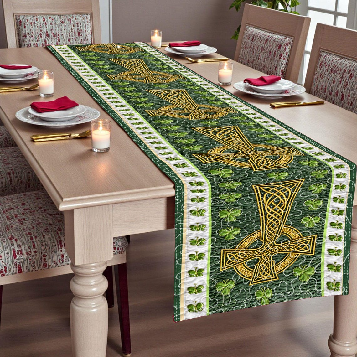 Celtic Cross Table Runner – Irish Shamrock St. Patrick’s Day Dining Table Decor