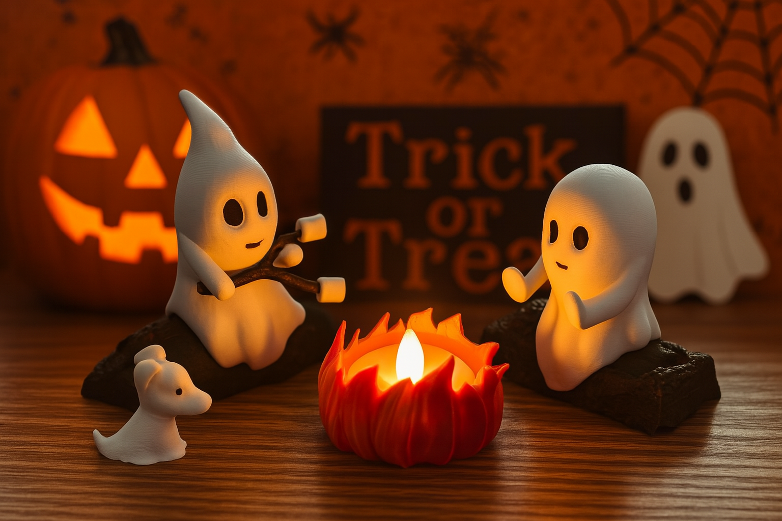 Ghost Campfire Gathering, Homedecor,  Spooky Halloween Decor, Cute Ghost Figurine Set, Campfire Display, Haunted Ghost Scene, Ghost adventures