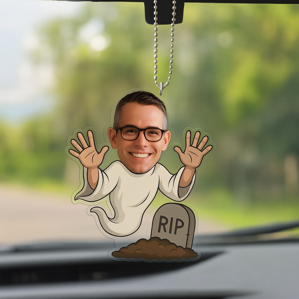 Custom Halloween Ghost Ornament with Your Face, Funny RIP Car Mirror Hanger, Spooky Personalized Gift for Him or Her