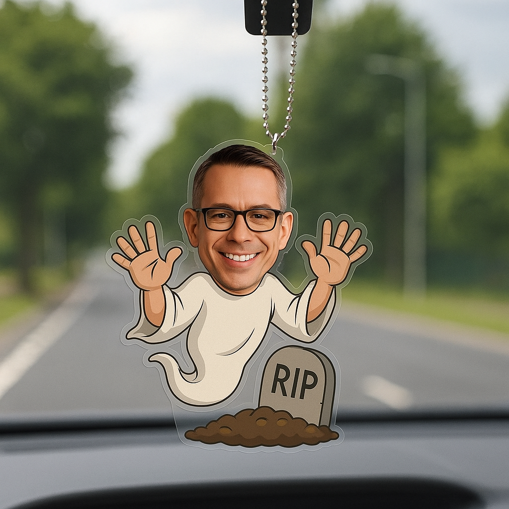 Custom Halloween Ghost Ornament with Your Face, Funny RIP Car Mirror Hanger, Spooky Personalized Gift for Him or Her