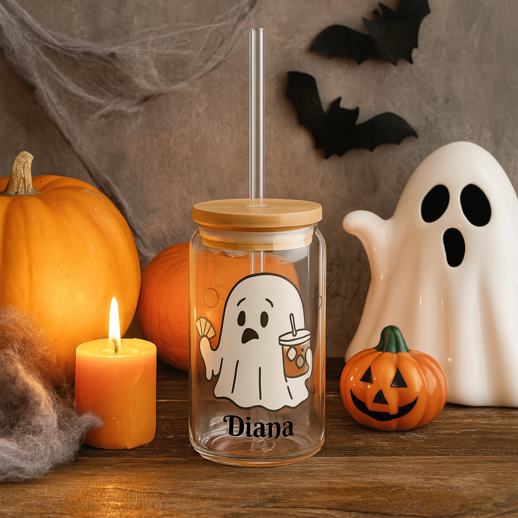 Personalized Ghost Iced Coffee Cup with Lid and Straw, Custom Halloween Tumbler, Cute Ghost Glass, Spooky Fall Drinkware Gift