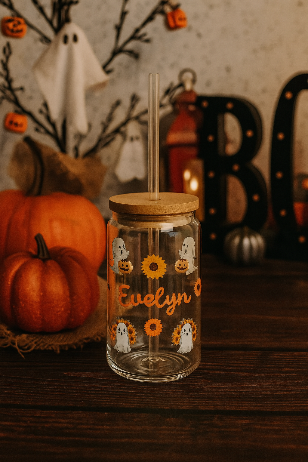 Personalized Halloween Glass Tumbler, Straw & Lid, Personalized Ghost Sunflower Glass Tumbler, Custom Sipper Glass, Custom Gifts For Halloween