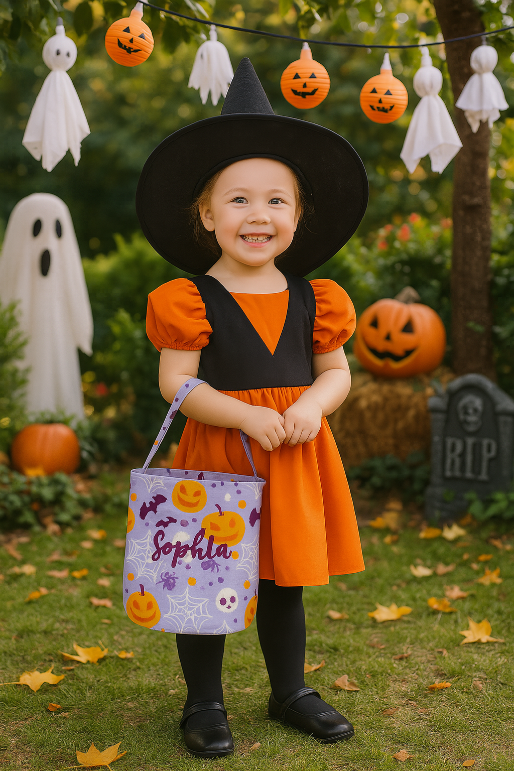 Custom Halloween Candy Bag with Name, Personalized Trick or Treat Tote for Kids, Pumpkin Bat Spider Design, Custom Gift For Kids