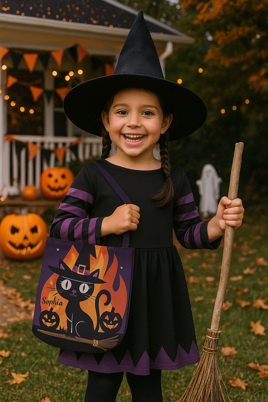 Personalized Halloween Candy Basket for Kids, Custom Name Trick or Treat Bag with Black Cat Witch Design, Custom Gift For Kids