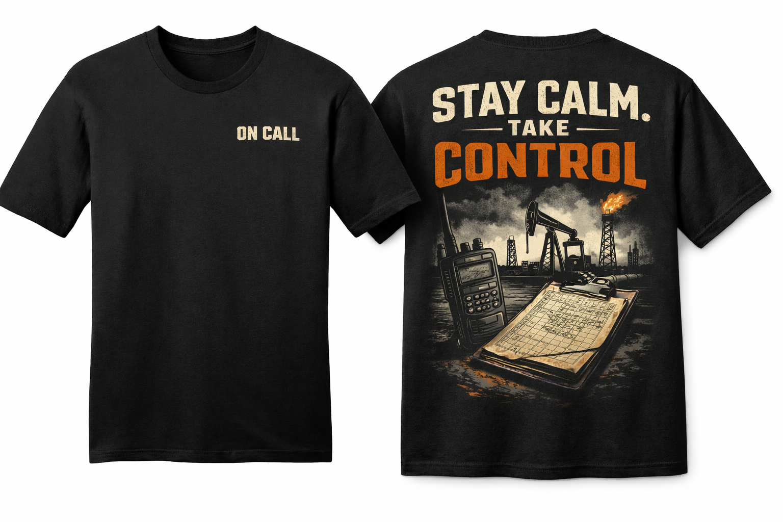 CTT Oil Exploration & Cattle Graphic Shirt – Landman Tee “Stay Calm Take Control” On-Call Oilfield Tee