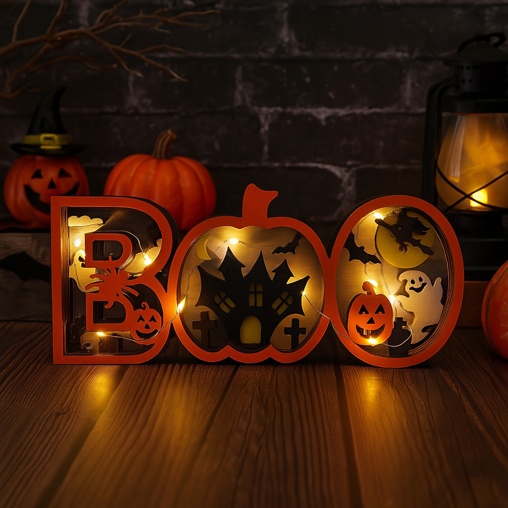 3D Carved Wooden Ghost BOO Sign, Halloween Decoration, Tabletop Decorations, Seasonal Decor, Gift Artistry and Luminary Symbol