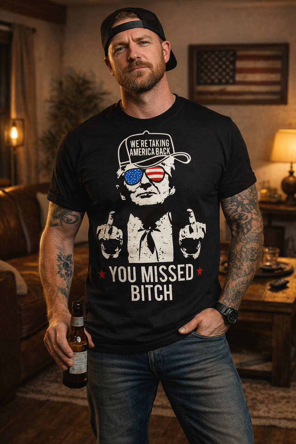 Funny Political T-Shirt – ‘You Missed Bitch’ Graphic Tee, America Back Retro Design, Patriotic Humor Shirt