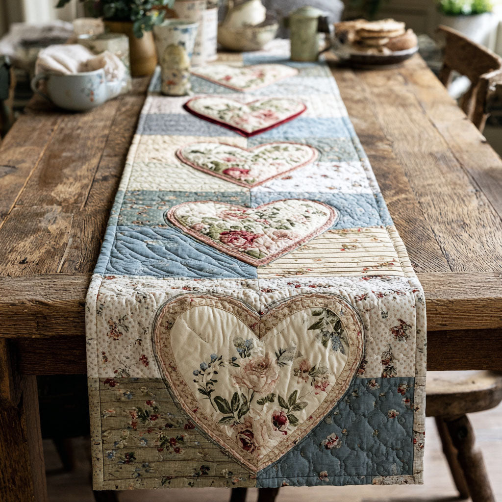 Cottage Love Quilted Table Runner BTO2001007, Valentine’s Day Table Runner with Heart Pattern