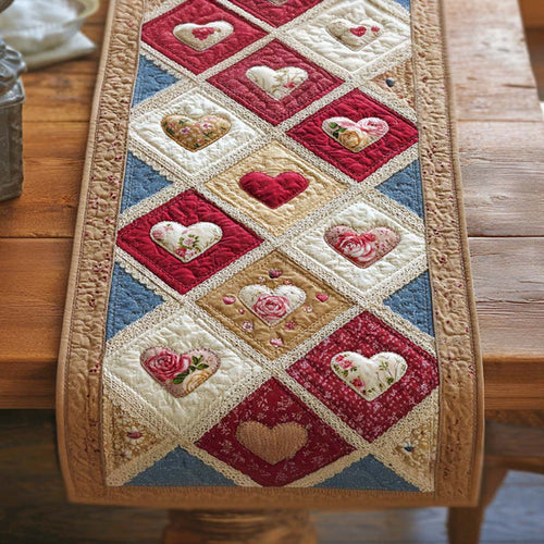 Country Patchwork Heart Quilted Table Runner BTO2001058, Valentine’s Day Table Runner with Heart Pattern