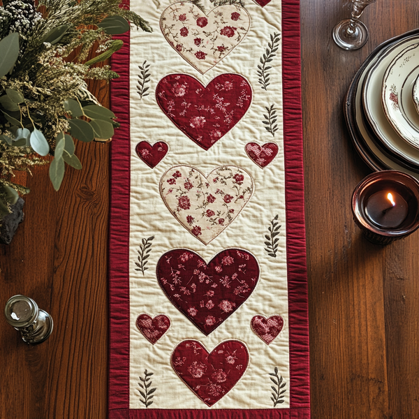 Cozy Heart Quilted Table Runner BTO2001044, Valentine’s Day Table Runner with Heart Pattern