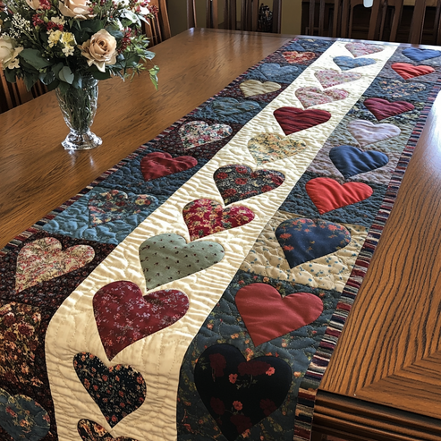 Cozy Heart Quilted Table Runner BTO2001030, Valentine’s Day Table Runner with Heart Pattern