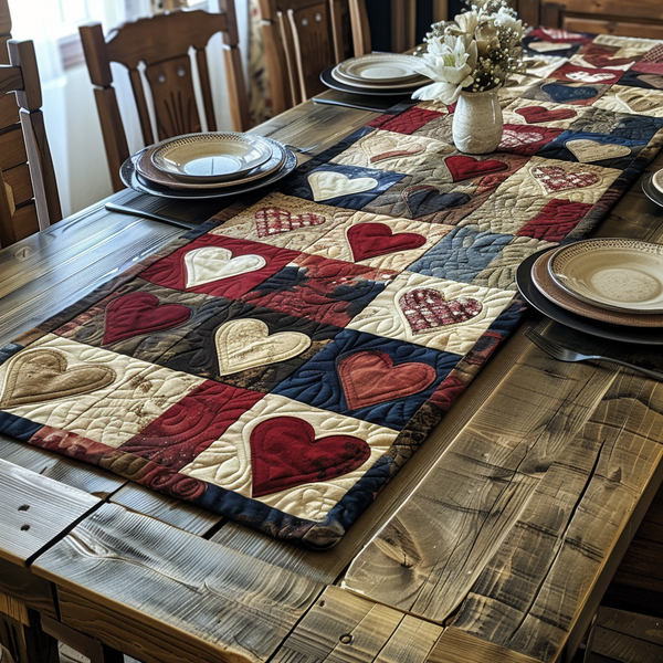 Cozy Patch Hearts Quilted Table Runner BTO2001050, Valentine’s Day Table Runner with Heart Pattern