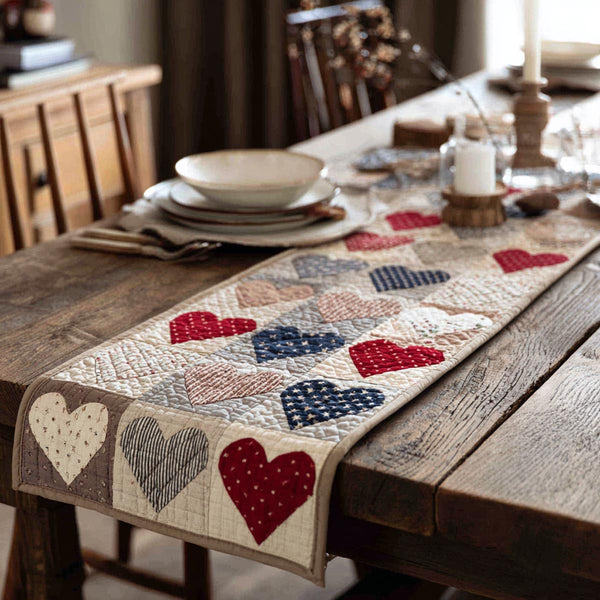 Crimson Kiss Quilted Table Runner BTO2001087, Valentine’s Day Table Runner with Heart Pattern
