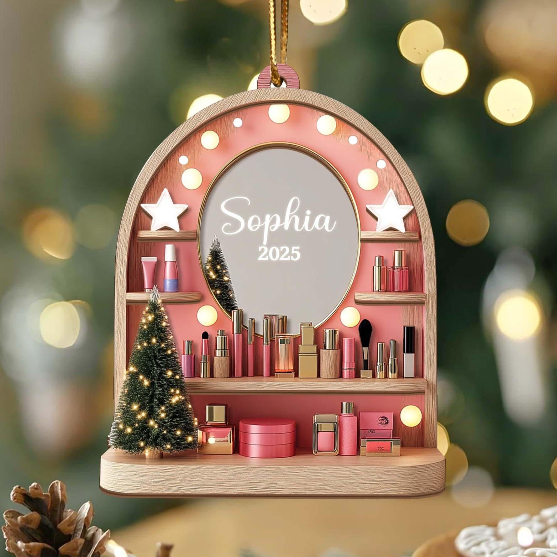 Custom Cosmetics Ornament Christmas Decor, Makeup Artist 3 Layered Wood Ornament Cosmetics Gift For Girls, Esthetician Artist Christmas Gift