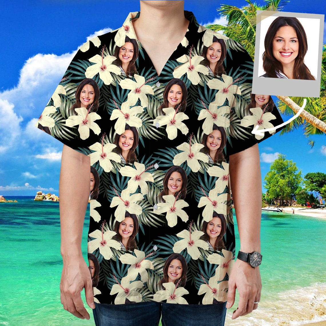Custom Face Hawaiian Shirt – Personalized Photo Portrait Aloha Shirt, Tropical Floral, Family Matching