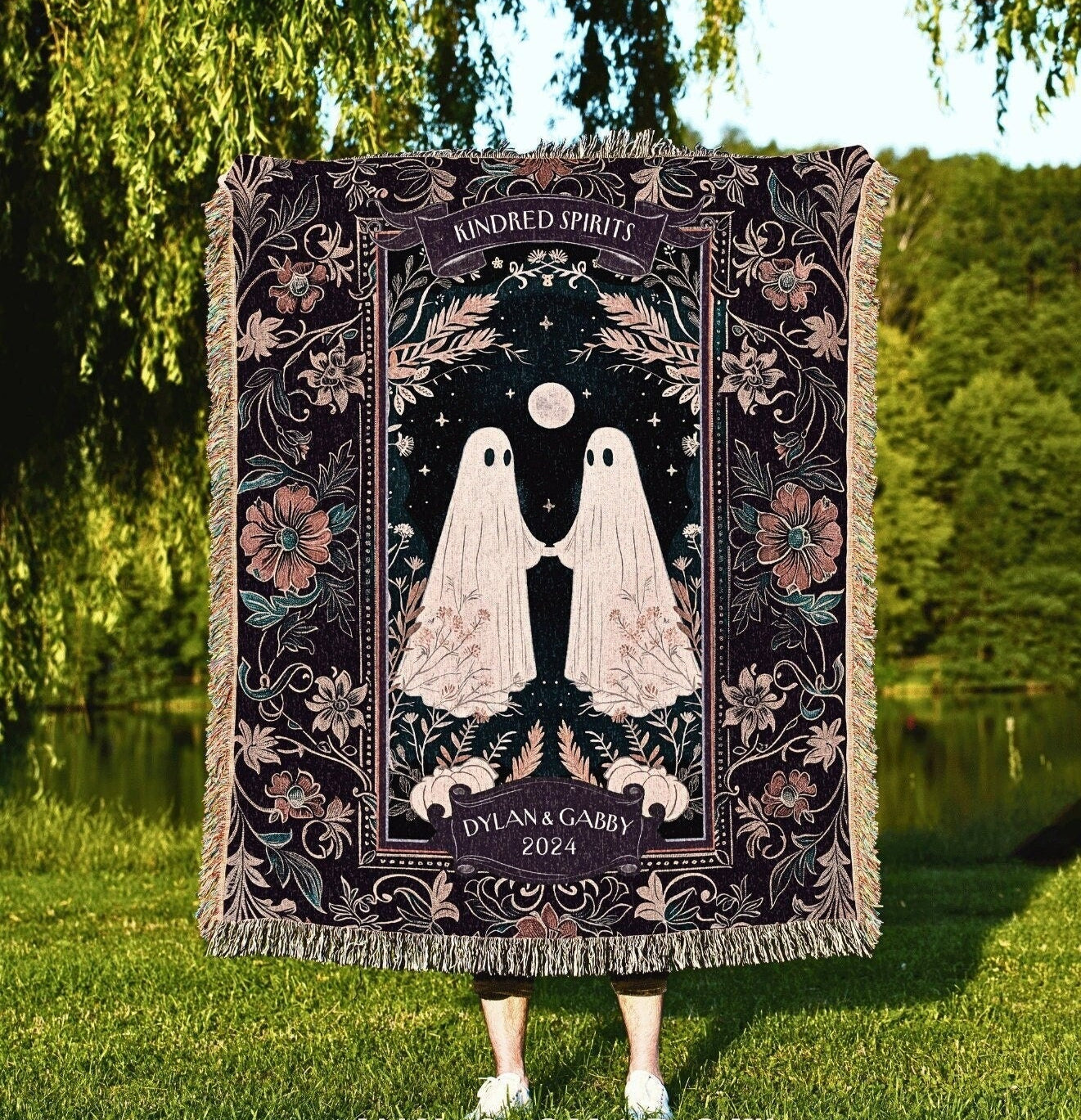 Halloween Custom Gifts, Custom Woodland Gothic Couple Blanket Woven Throw His & Hers Gift For Cotton Anniversary
