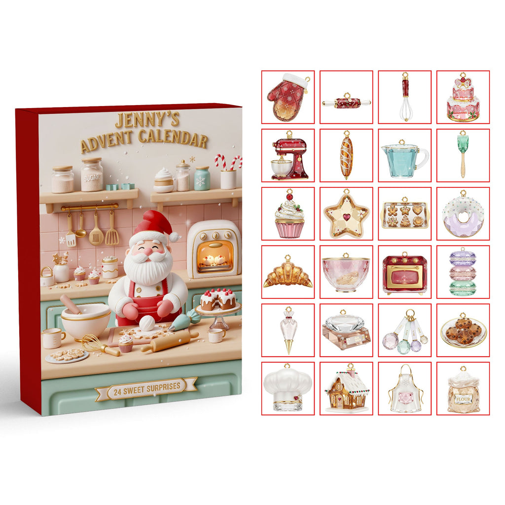 Cute Baking Advent Calendar 2025, Santa Kitchen Theme, 24 Mini Dessert Charms, Holiday Baker Gift, Sweet Christmas Countdown Box