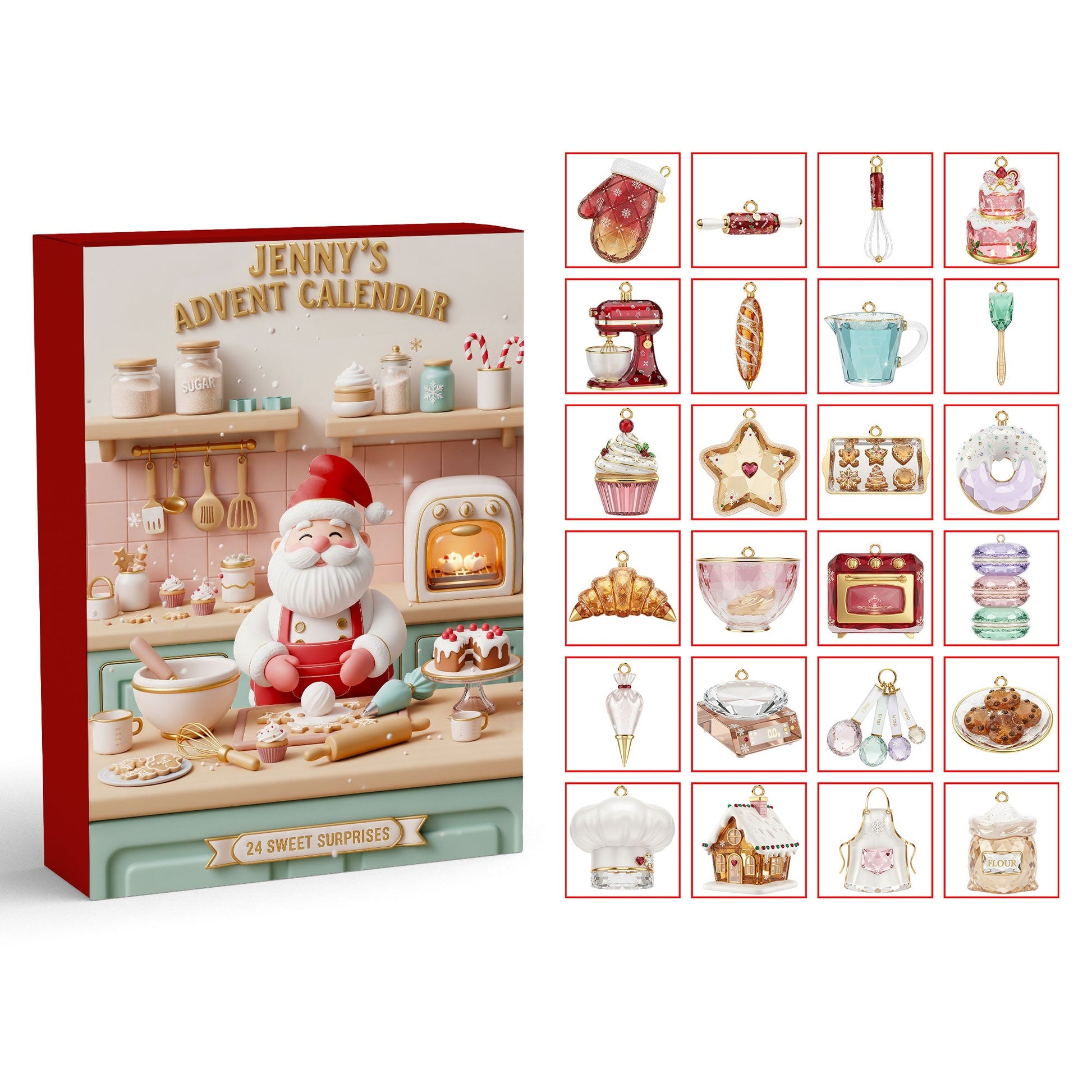Cute Baking Advent Calendar 2025, Santa Kitchen Theme, 24 Mini Dessert Charms, Holiday Baker Gift, Sweet Christmas Countdown Box