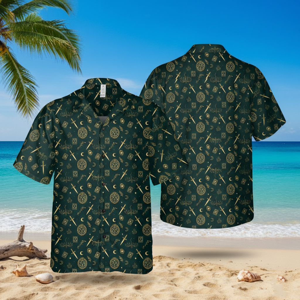 D20 RPG Hawaiian Shirt – Gold Fantasy Pattern Witchy Aloha Button-Up