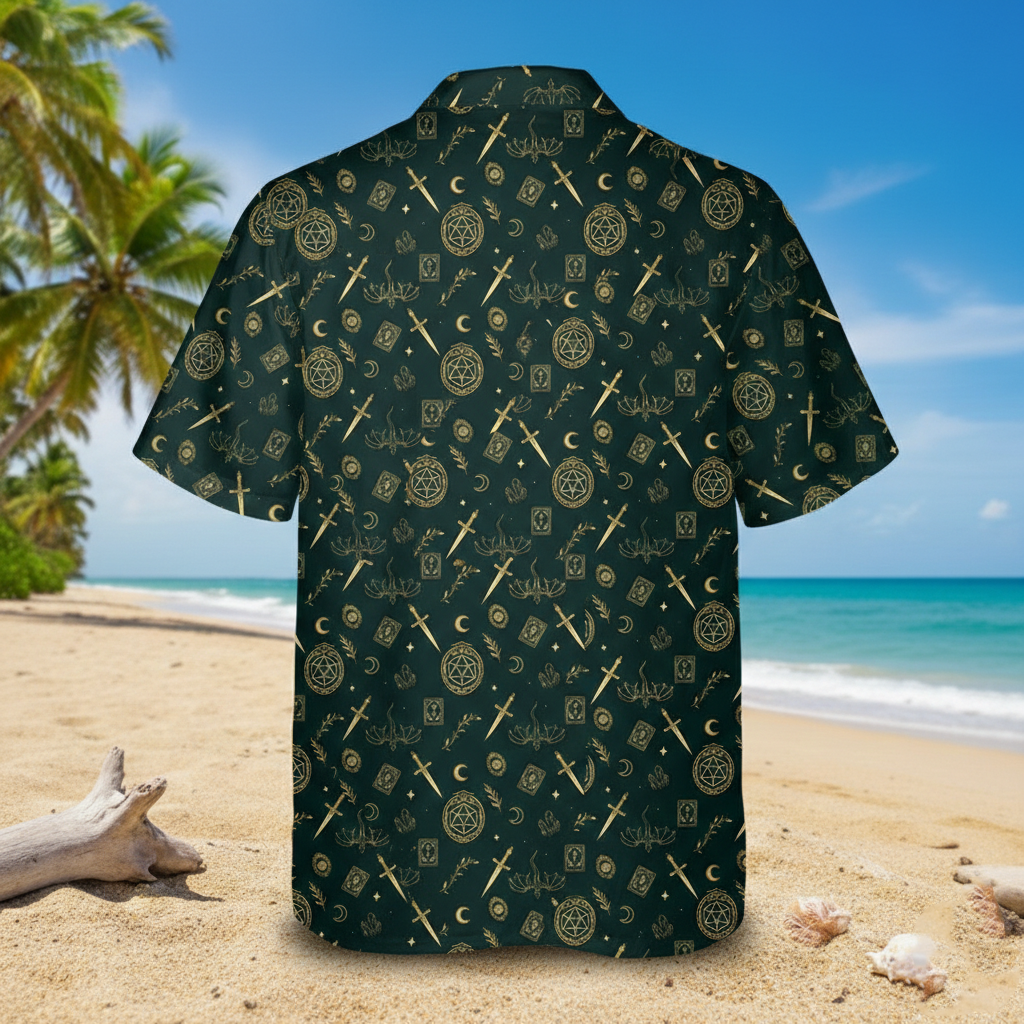 D20 RPG Hawaiian Shirt – Gold Fantasy Pattern Witchy Aloha Button-Up