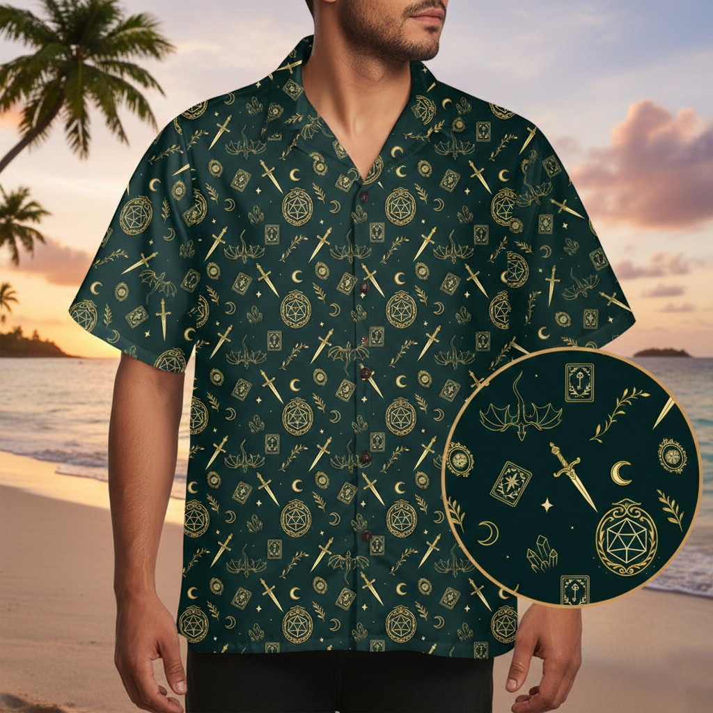 D20 RPG Hawaiian Shirt – Gold Fantasy Pattern Witchy Aloha Button-Up