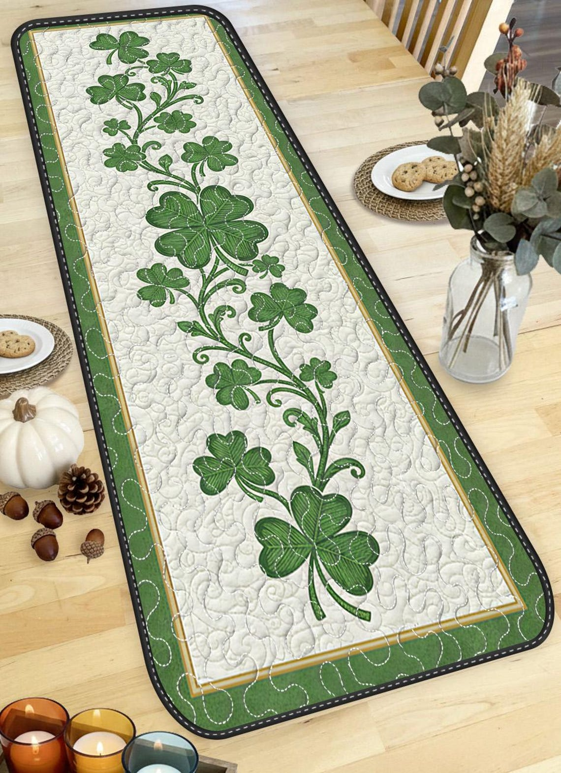 St. Patrick’s Day Quilted Table Runner – Emerald Green Shamrock Vine Dining Decor