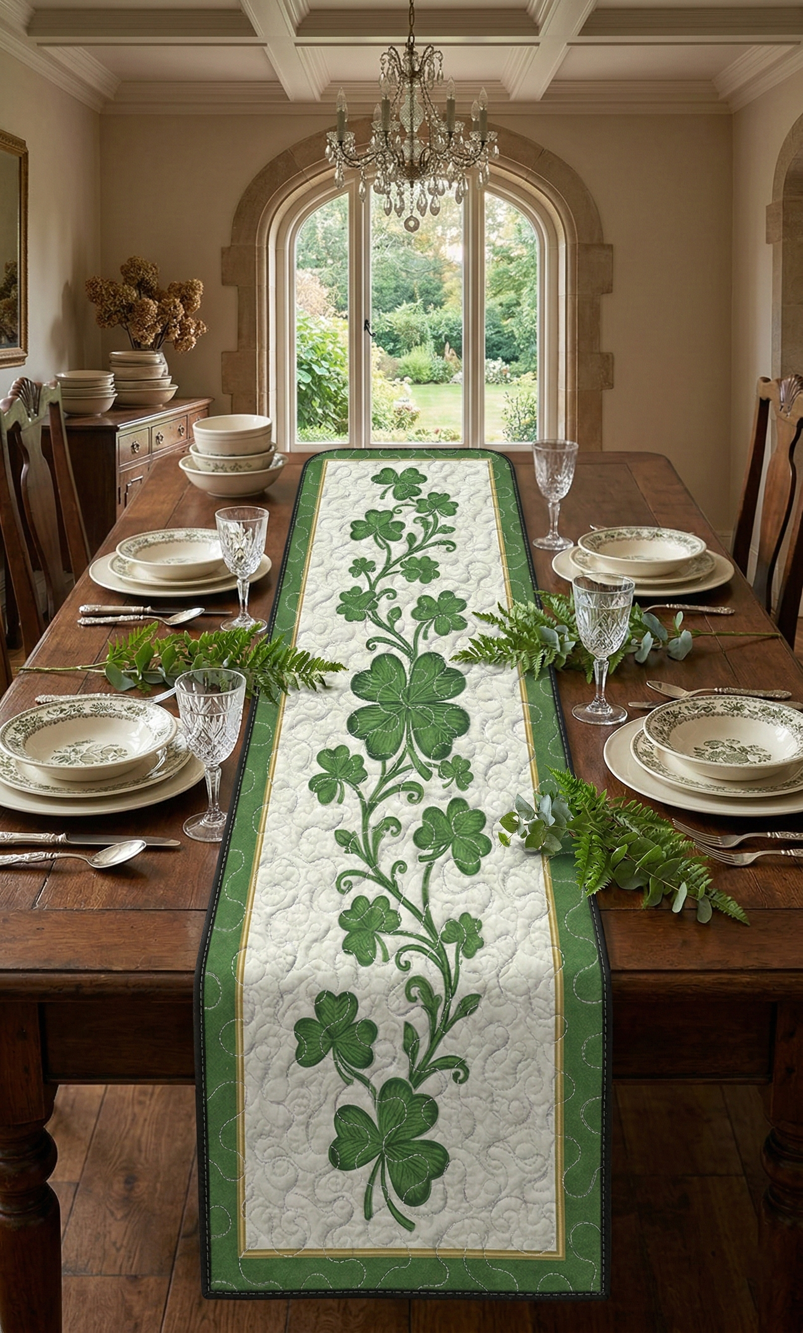 St. Patrick’s Day Quilted Table Runner – Emerald Green Shamrock Vine Dining Decor
