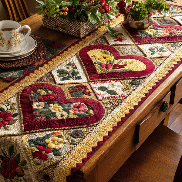 Floral Hearts Quilted Table Runner BTO2001048, Valentine’s Day Table Runner with Heart Pattern