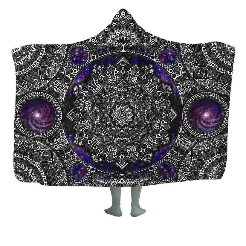 Mandala Hooded Blanket Soft Cozy Fleece with Galaxy Design - Mystical Boho Throw for Adults and Kids. BLKAC09