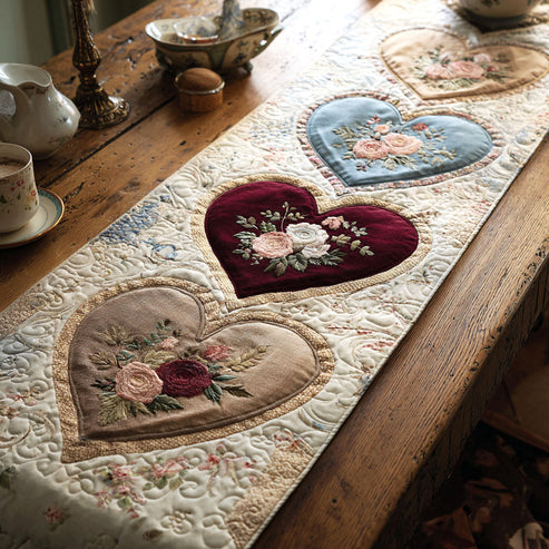 Garden Heart Quilted Table Runner BTO2001029, Valentine’s Day Table Runner with Heart Pattern