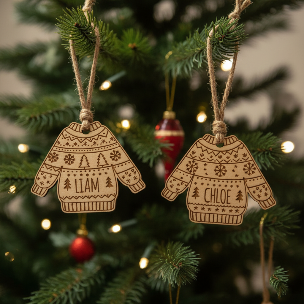 Personalized Wooden Sweater Ornament, Custom Name Christmas Decoration, Laser Engraved Holiday Keepsake Gift