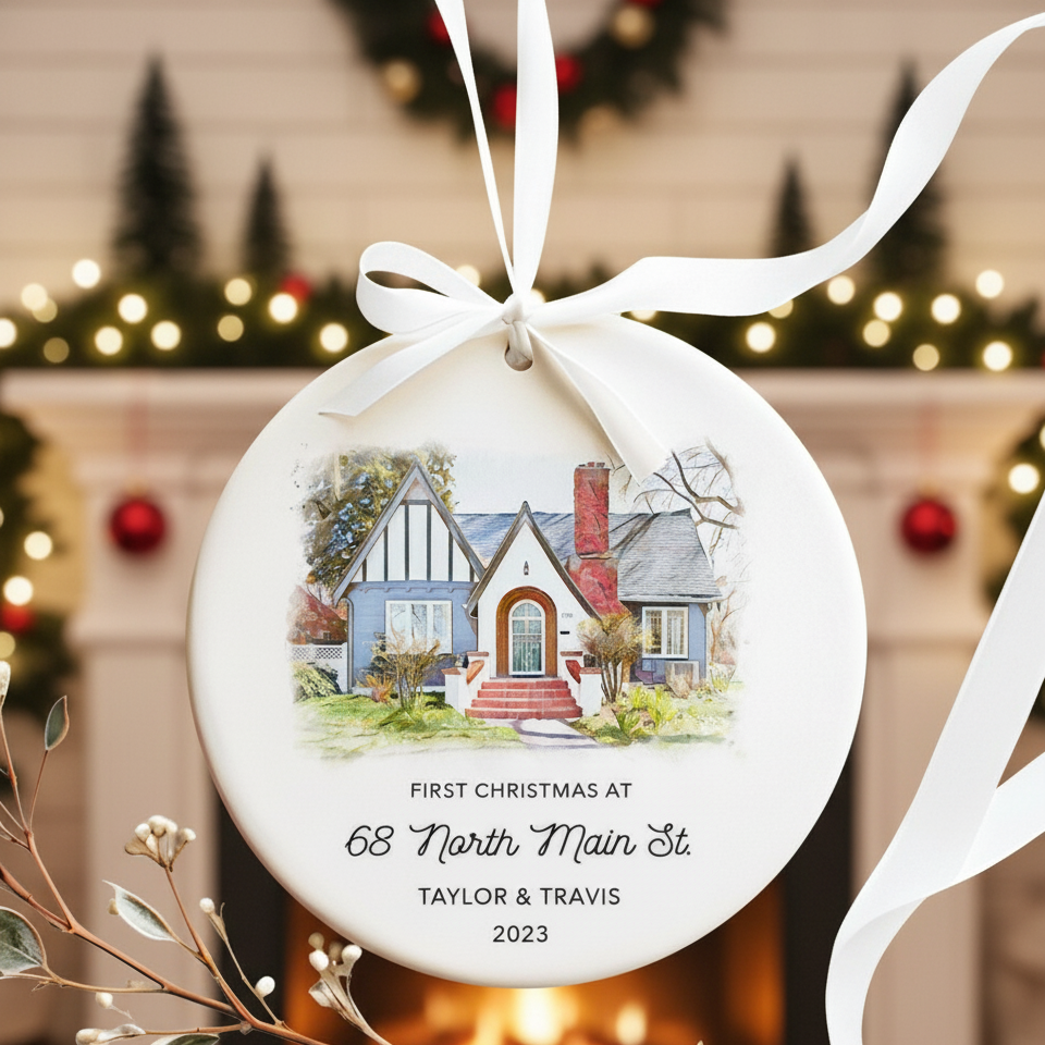New Home Ornament, Personalized New Home Christmas Ornament, Watercolor Photo Ornament, Custom Photo Ornament